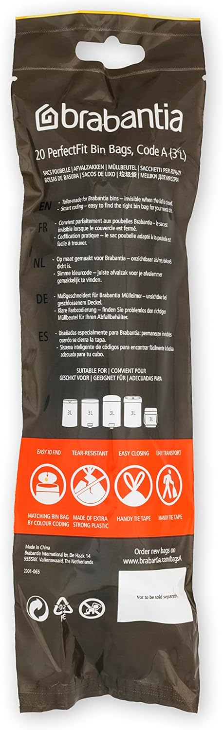 Brabantia Müllbeutel PerfectFit Multipack (Code A - 3L) Extra Starke Müllsäcke mit Zugband, 10 rolle