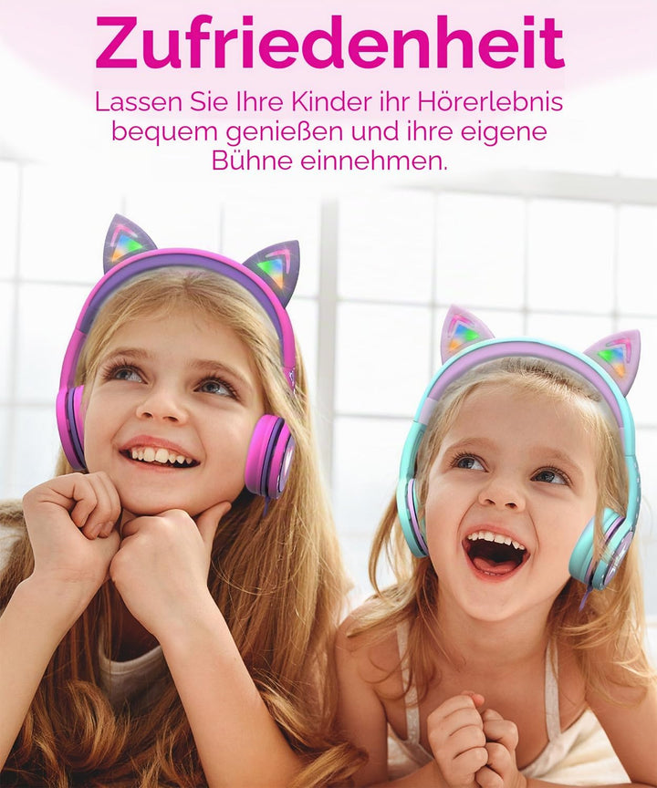 FosPower - Kopfhörer Kinder mit LED leuchten Katzenohren, 3,5mm On Ear Audio Kopfhörer für Kinder mi