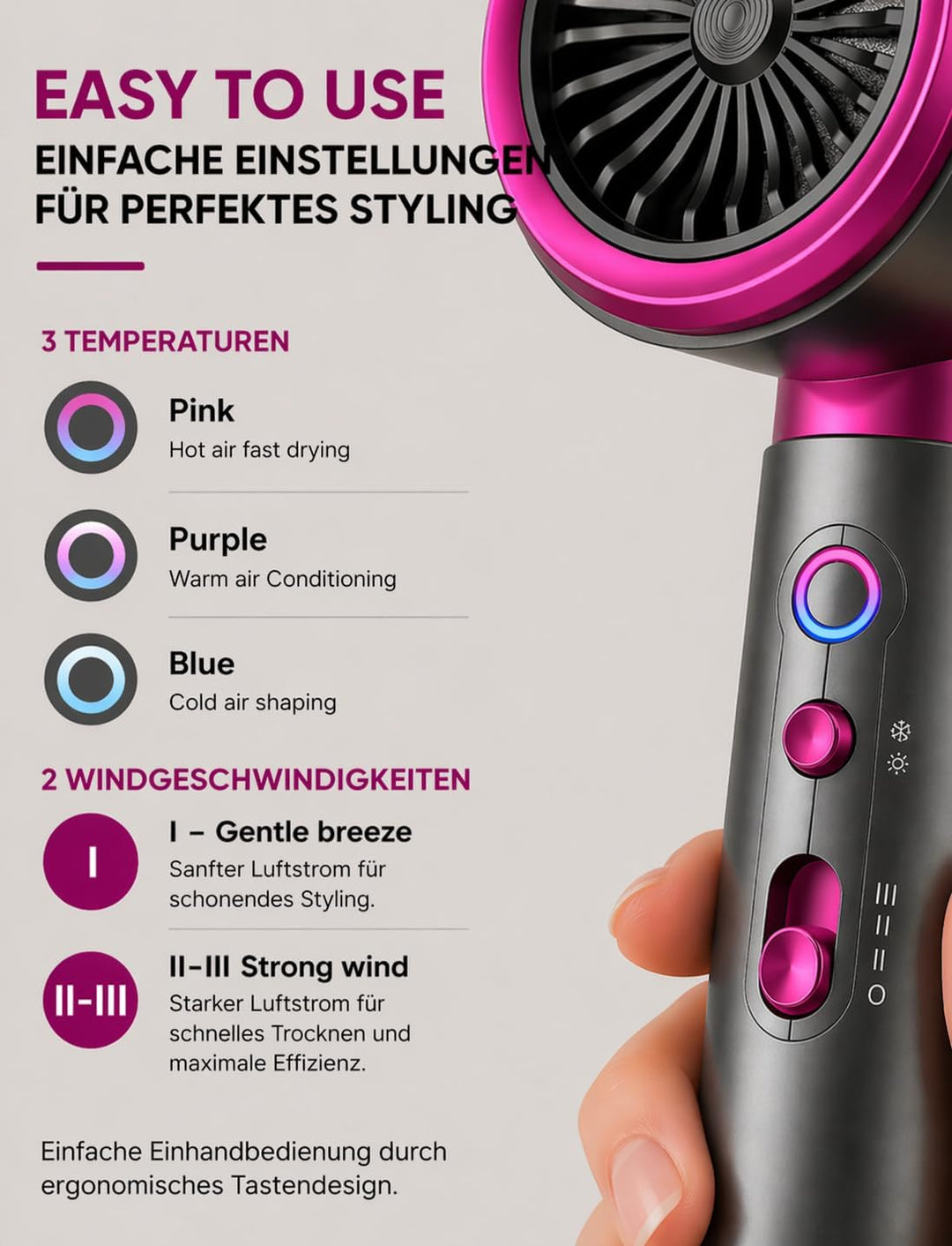 2200W Ionen-Haartrockner mit Diffusor Konzentrator Reiseföhn | 3 Temperaturen, 2 Geschwindigkeiten,