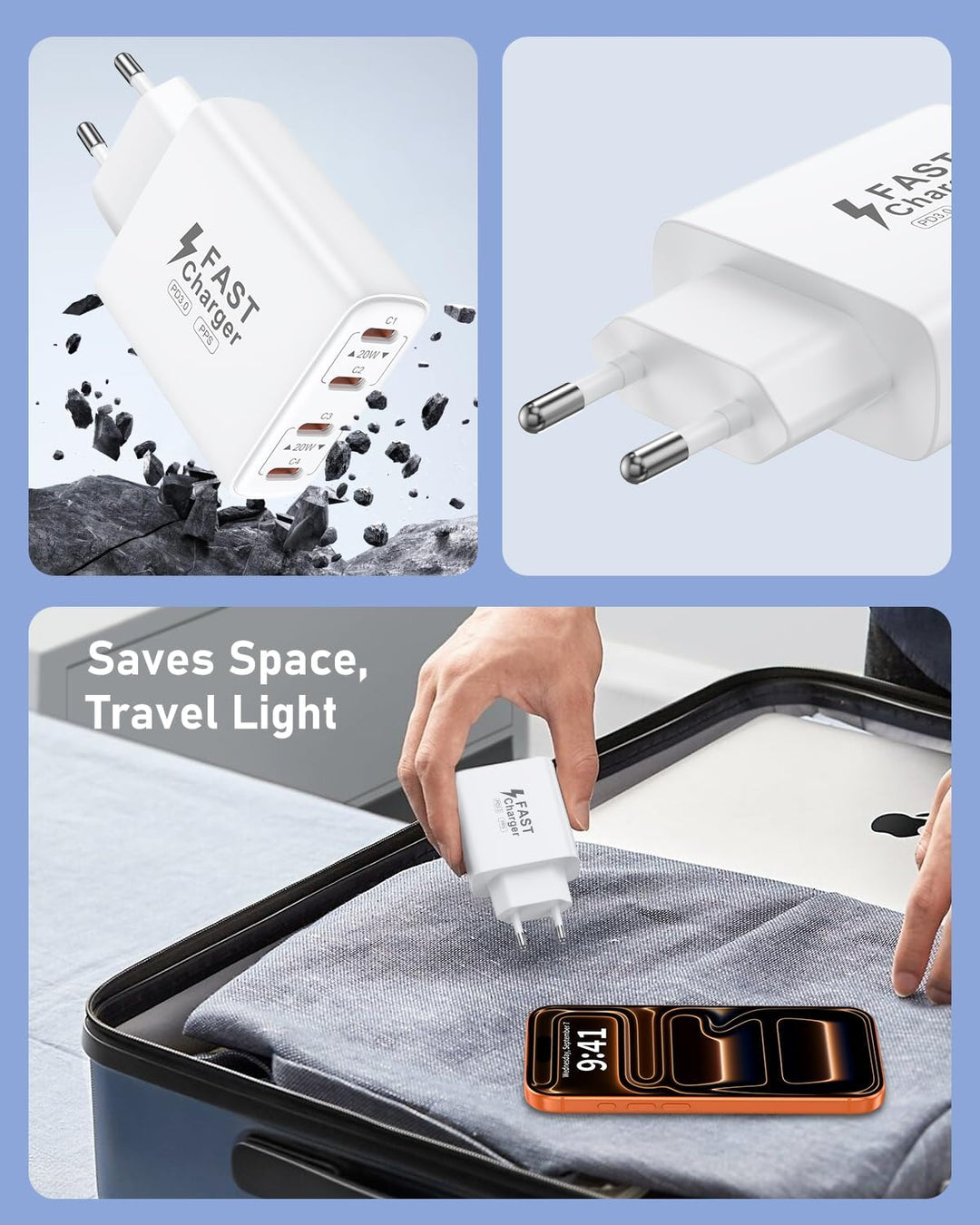 2er Pack 40W Ladegerät USB C Mehrfach, 4 Port USBC Stecker Netzteil Ladeadapter, Adapter Kompatibel