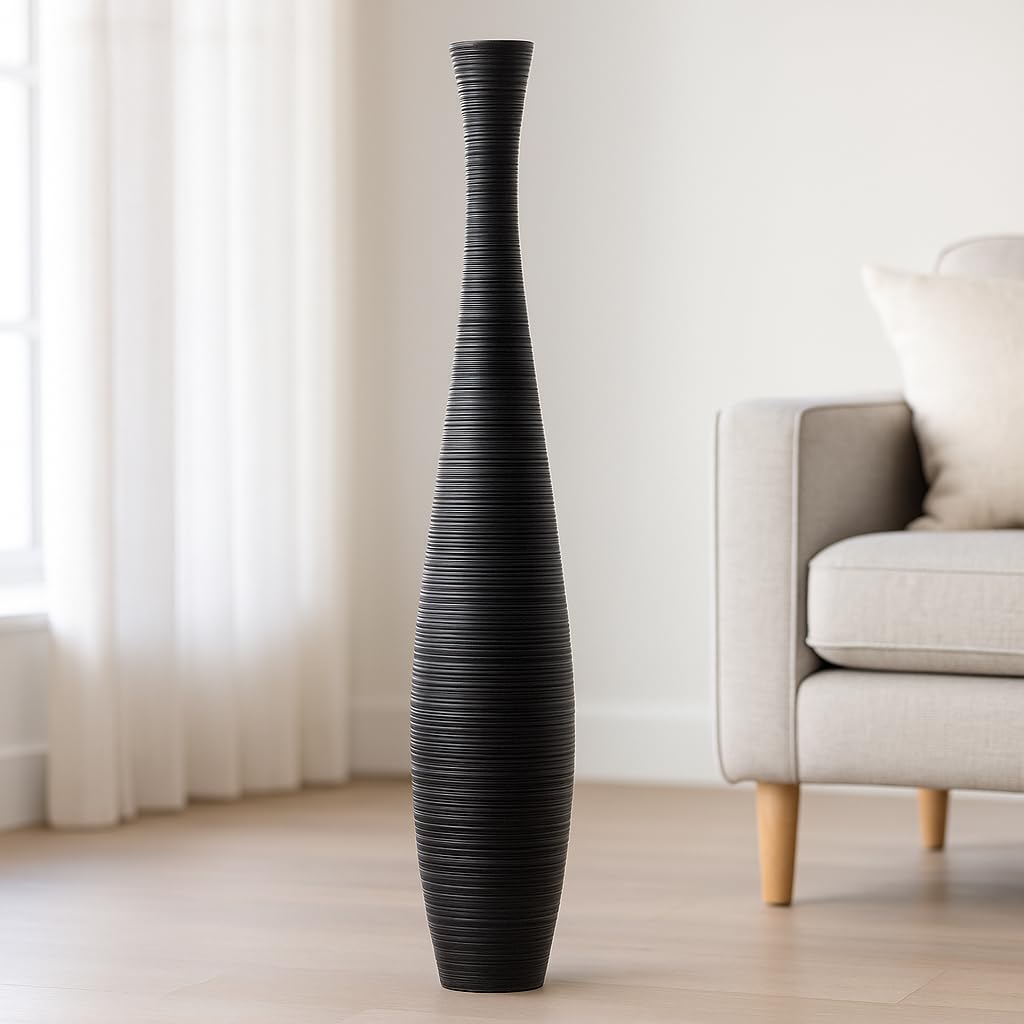 Leewadee Grosse Bodenvase für Dekozweige hohe Standvase Design Holzvase, Holz, 90 cm, Schwarz 90 cm