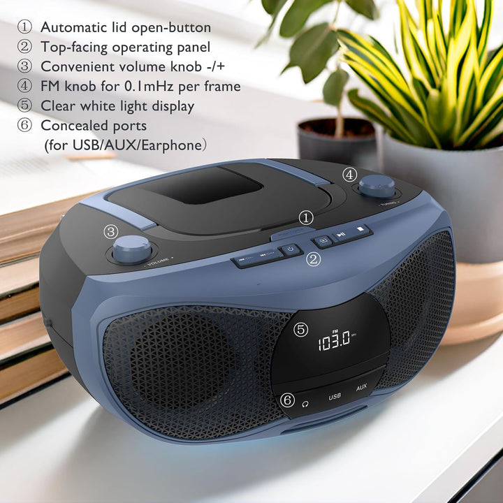 LONPOO Tragbarer CD-Player | Stereo Bluetooth Boombox | FM Radio-Drehknopf | Auto-Deckel-Öffnen-Knop
