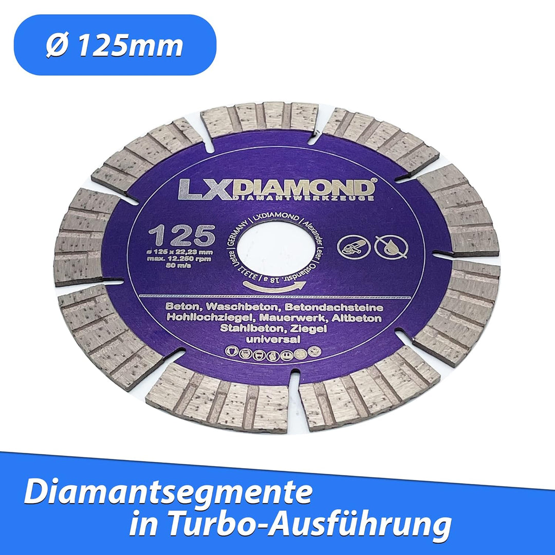 LXDIAMOND Diamant-Trennscheibe 125mm x 22,23mm - Segmente 13mm - passend für Beton Stahlbeton Waschb