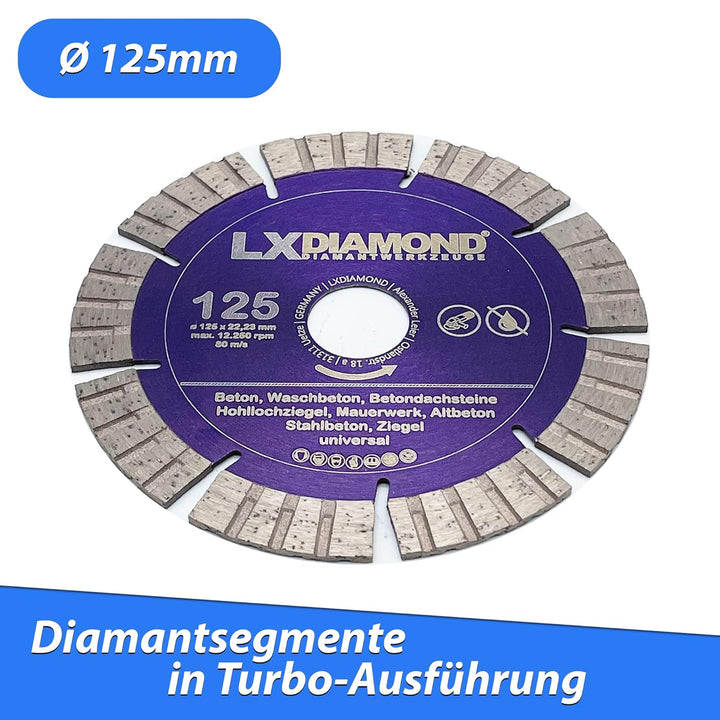 LXDIAMOND Diamant-Trennscheibe 125mm x 22,23mm - Segmente 13mm - passend für Beton Stahlbeton Waschb
