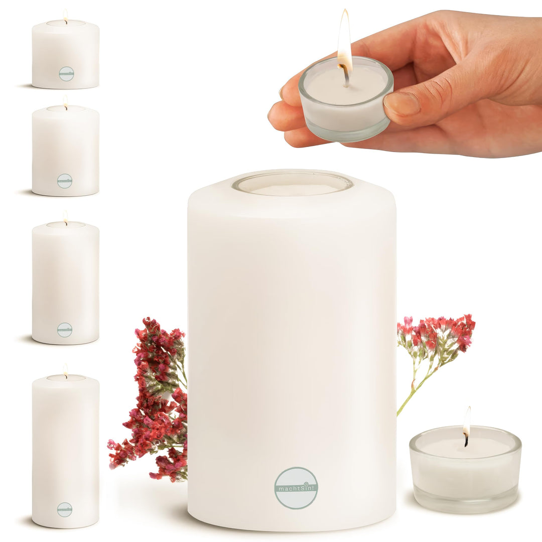 machtSin! Teelichthalter in Kerzenoptik warmweiss – ∅ 8cm, Höhe 15cm: Dauerkerze Stumpenkerzen aus s