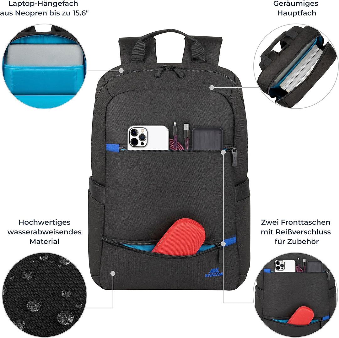 Rivacase Laptop Rucksack 15L bis 15,6 Zoll - 29 x 45 x 12 cm. - wasserdichter moderner Tagesrucksack