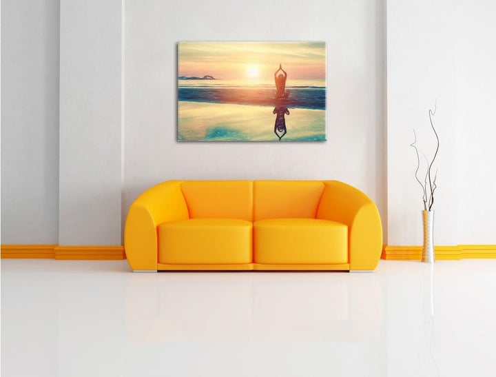 Pixxprint Frau in Einer Yogapose am Strand Kunst Buntstift Effekt, Format: 100x70 auf Leinwand, XXL