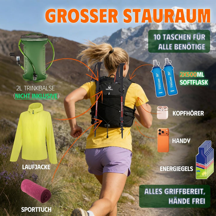 Laufweste Damen mit 2 Faltbare Trinkflasche 500ml, Trinkweste Laufen Herren, Running Vest Laufrucksa