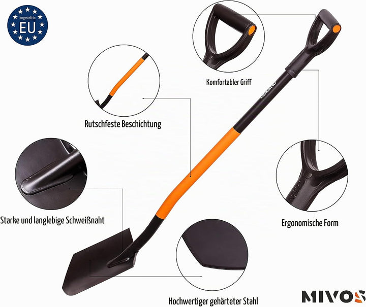 Mivos Ergonomic Spitzspaten aus Kohlenstoffstahl - 124 cm – Gärtnerspaten mit Gehärtetem Spitzblatt