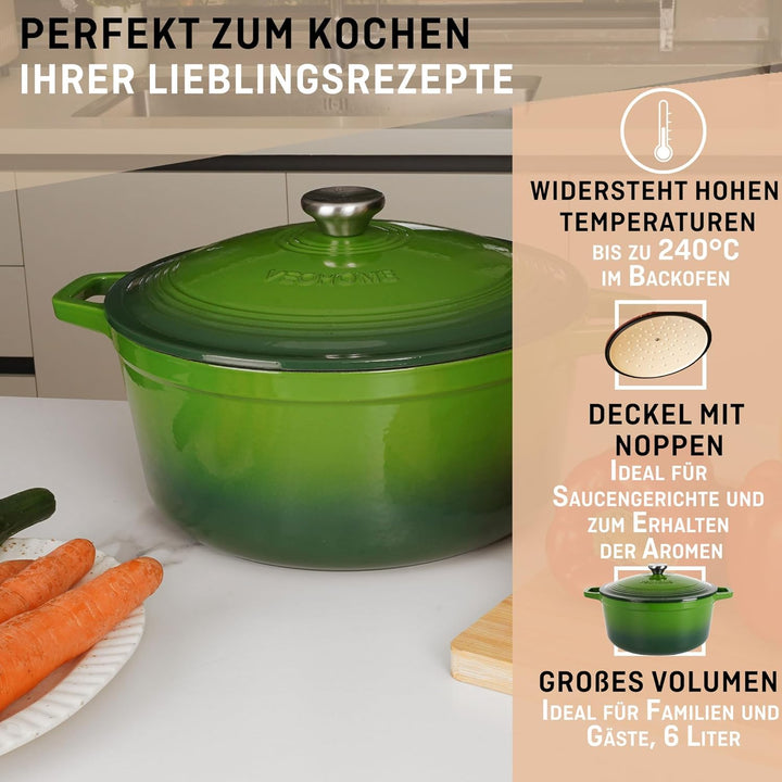 VeoHome Gusseisentopf 6L | Bräter | Gusseisen Topf Grün - Schmortopf |Bratentopf | Bratpfanne | Koch