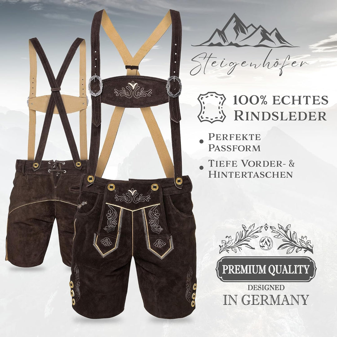 STEIGENHÖFER Lederhose Herren Tracht kurz - Anton - Trachtenhose mit Trägern - 100% Rindsleder - Tra