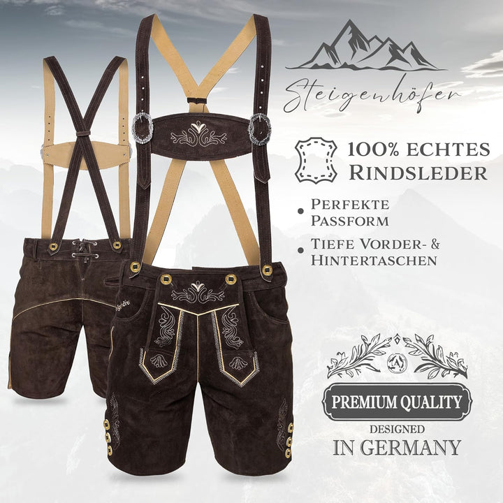 STEIGENHÖFER Lederhose Herren Tracht kurz - Anton - Trachtenhose mit Trägern - 100% Rindsleder - Tra