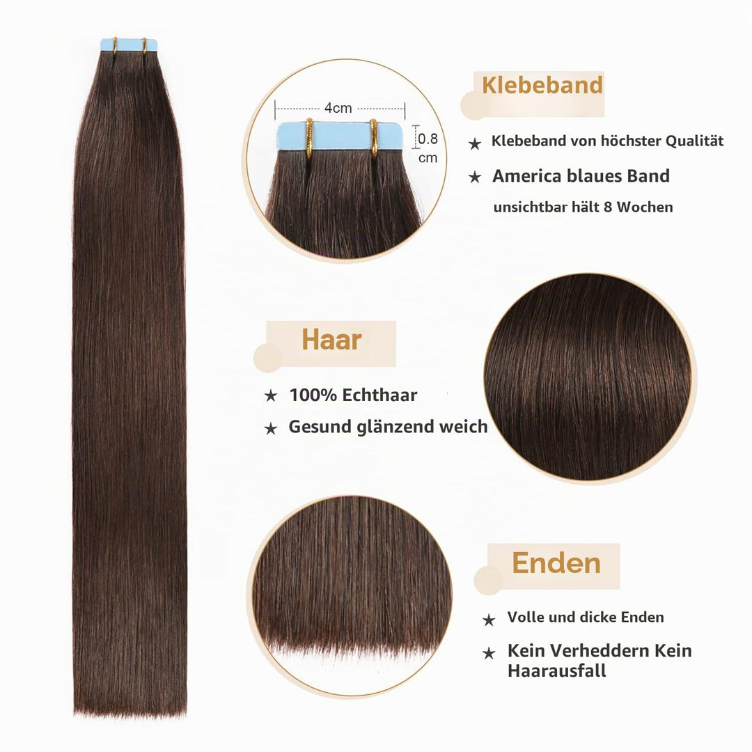 YILITE Tape Extensions Echthaar, Dunkel Braun 35cm 20 Stück/Packung 40g Tape in Extensions Echthaar