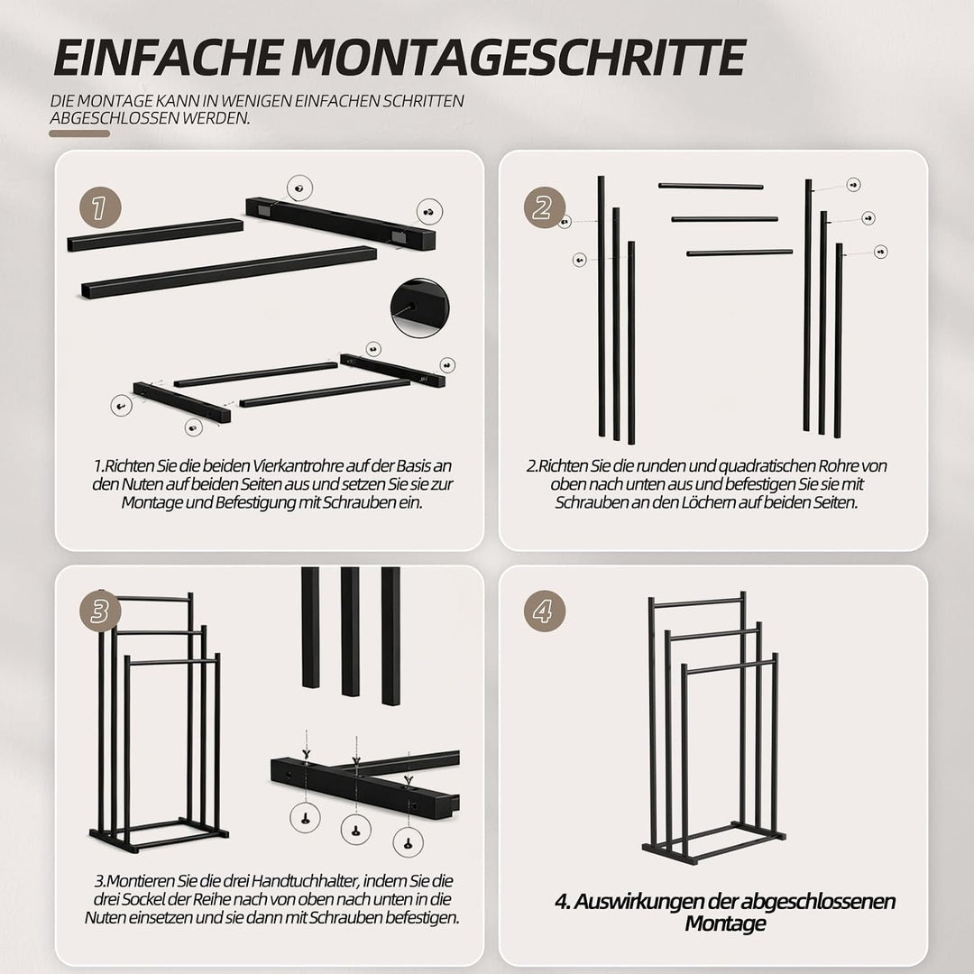 Handtuchhalter stehend schwarz – 3 Stufenstangen, Metall | stabil &amp; langlebig. Für Badezimmer, Gäste