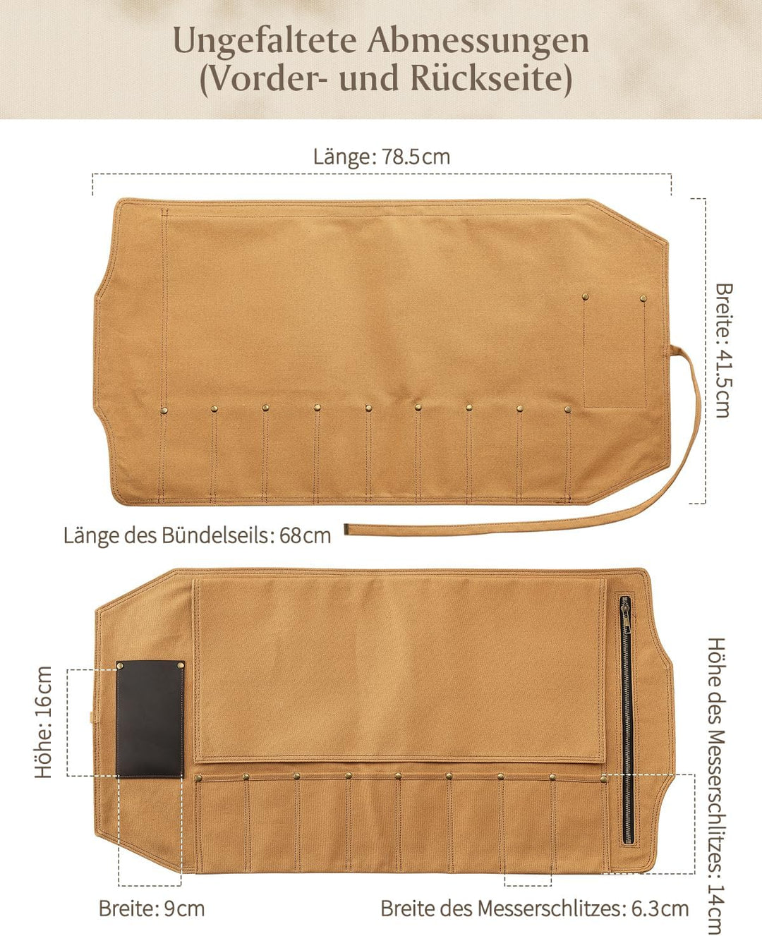 XINZUO Messertasche 78,5cmx41,5cm, Profi Koch Rolltasche, Universal Etui für Koch 8 Slots, 16oz verd