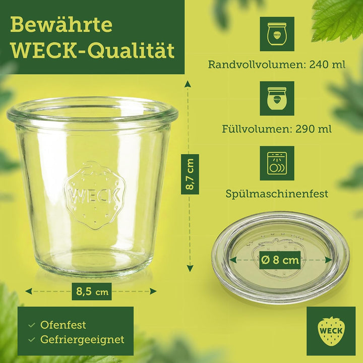Weck Gläser 240ml – 6er Set mit Deckeln – Sturzform – robuste, stapelbare Dessertgläser, Einkoch- &