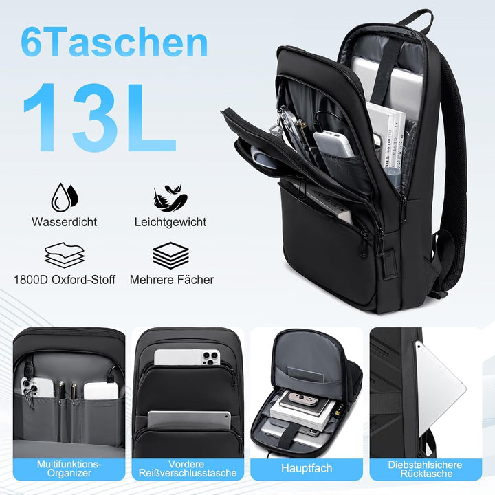 FENRUIEN Leichter Business Rucksack Herren 15.6 Zoll Wasserdicht Notebook Laptop Backpack 13L Laptop