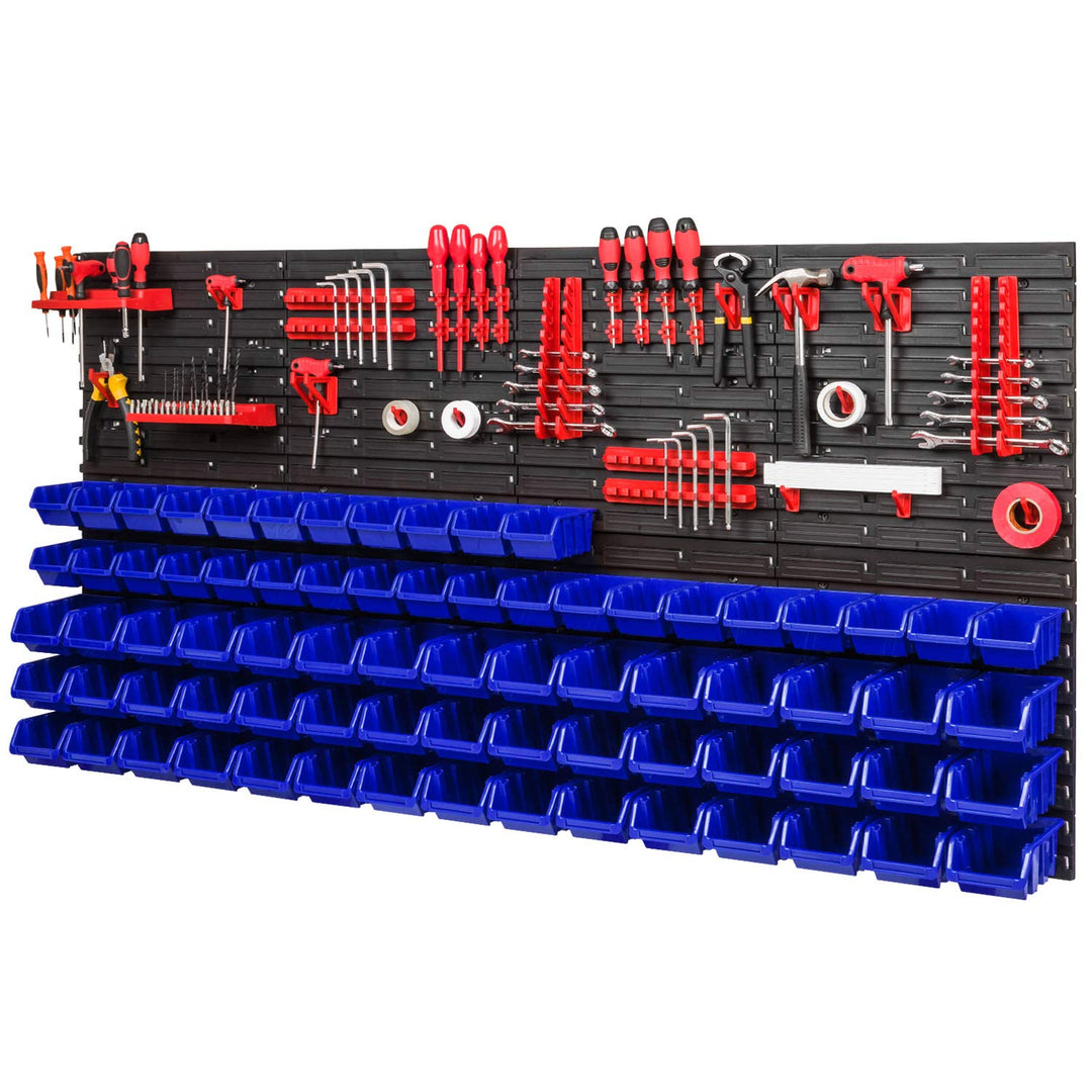 PAFEN Lagersystem - 1544 x 780 mm - Wandregal 75x Blau Stapelboxen und 38 stück Rot Werkzeughalter |