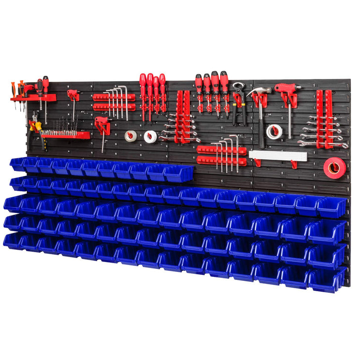 PAFEN Lagersystem - 1544 x 780 mm - Wandregal 75x Blau Stapelboxen und 38 stück Rot Werkzeughalter |