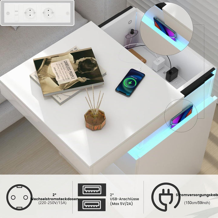 Nachttisch mit Steckdose, Nachtschrank mit Led Licht, Nachtkommode mit 3 Schubladen und Versteckte S