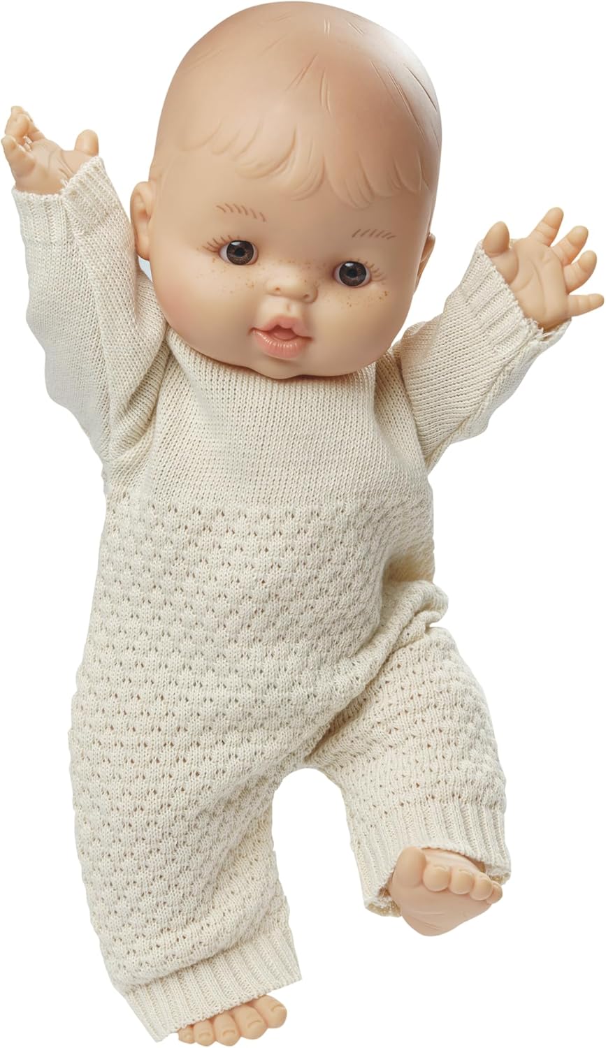 Heless 1480 - Puppenkleidung aus 100 Prozent Bio-Baumwolle, Strickstrampler in Ecru für Puppen und K