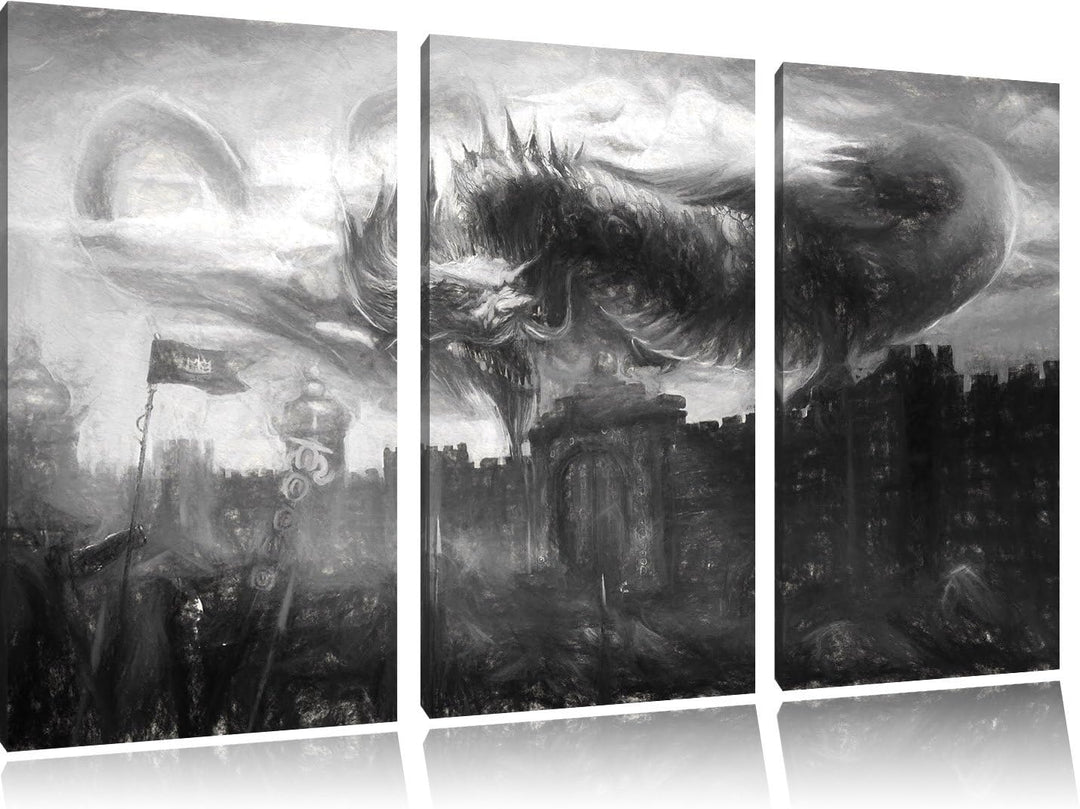 Pixxprint Drache über der Festung als Leinwandbild/Grösse: 3 Teilig (120x80 cm) cm/Wandbild/Kunstdru