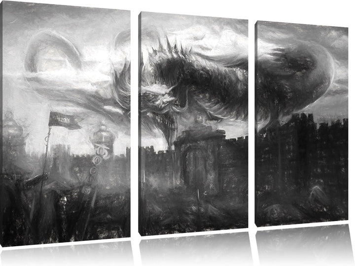 Pixxprint Drache über der Festung als Leinwandbild/Grösse: 3 Teilig (120x80 cm) cm/Wandbild/Kunstdru
