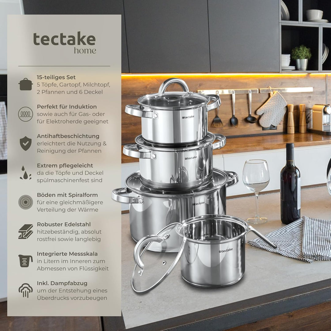 tectake® 15-tlg. Topfset, Edelstahl Kochgeschirr, Bratpfanne und Töpfe Set mit Deckel, Kochtopf Set