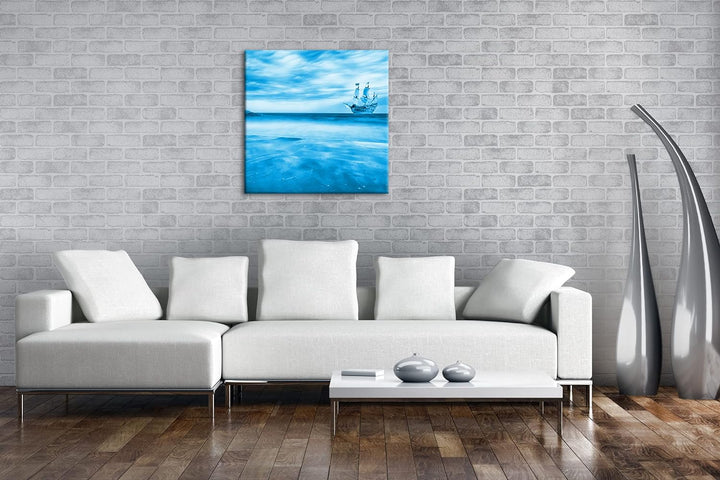 Segelschiff im blauen Meer an der Küste Format: 70x70 Effekt: Monocrome Blau als Leinwandbild, Motiv