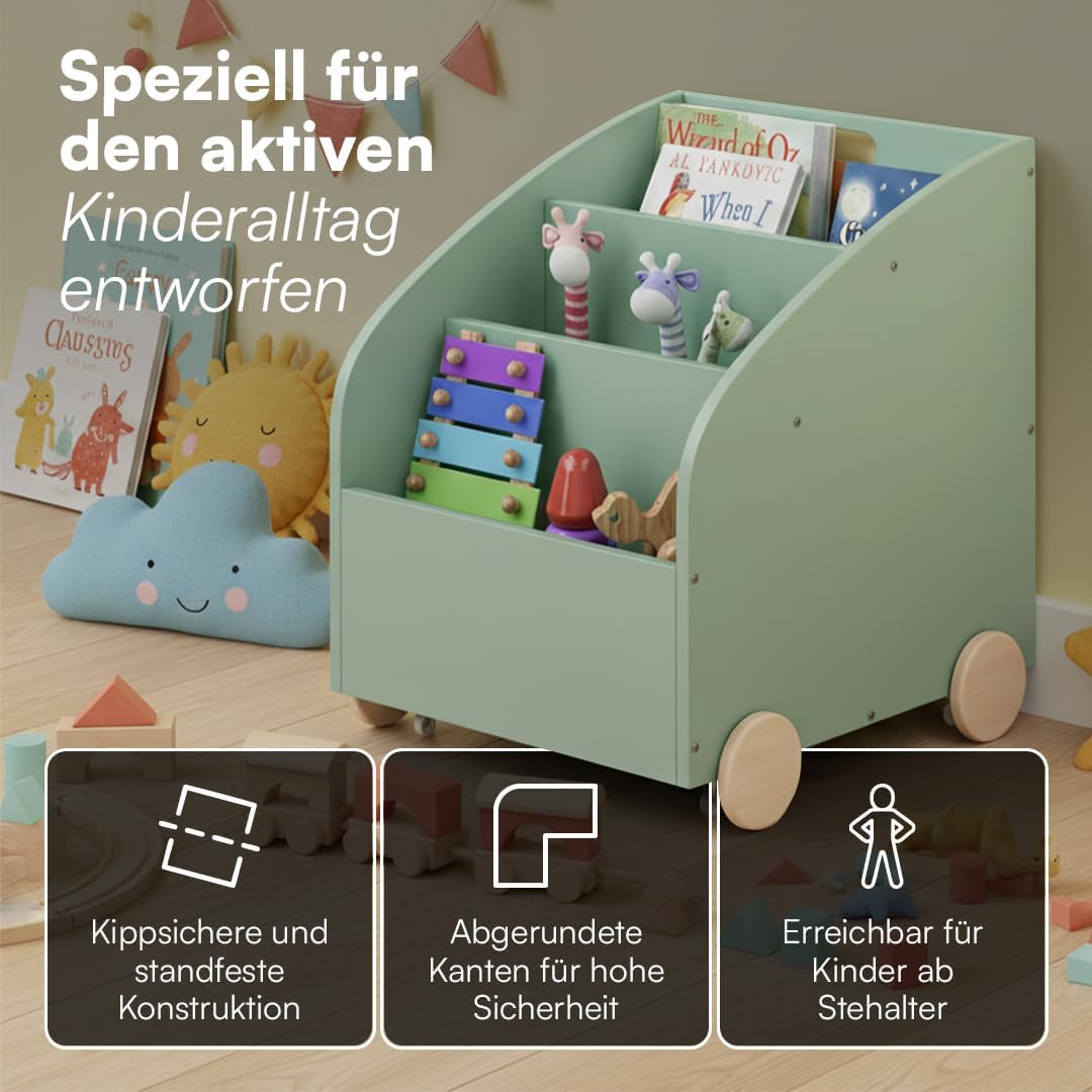Bellabino Towy Kinderregal – Kinder Bücherregal mit 3 Fächern – Montessori Regal Mintgrün - Aufbewah