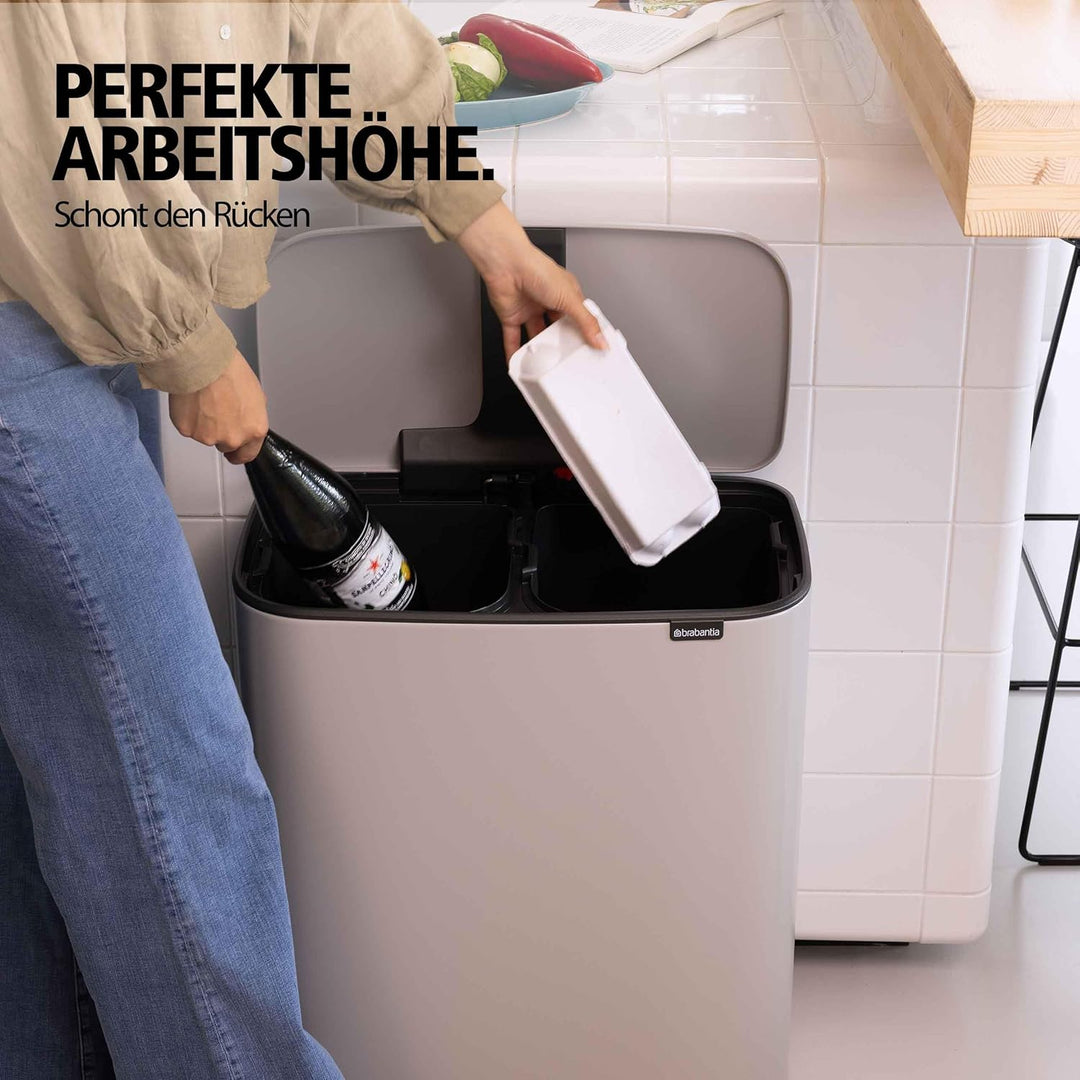 Brabantia Bo Tretmülleimer – 2 x 30 l Inneneimer (Soft Grey) Grosser Abfalleimer-/Recycling Behälter