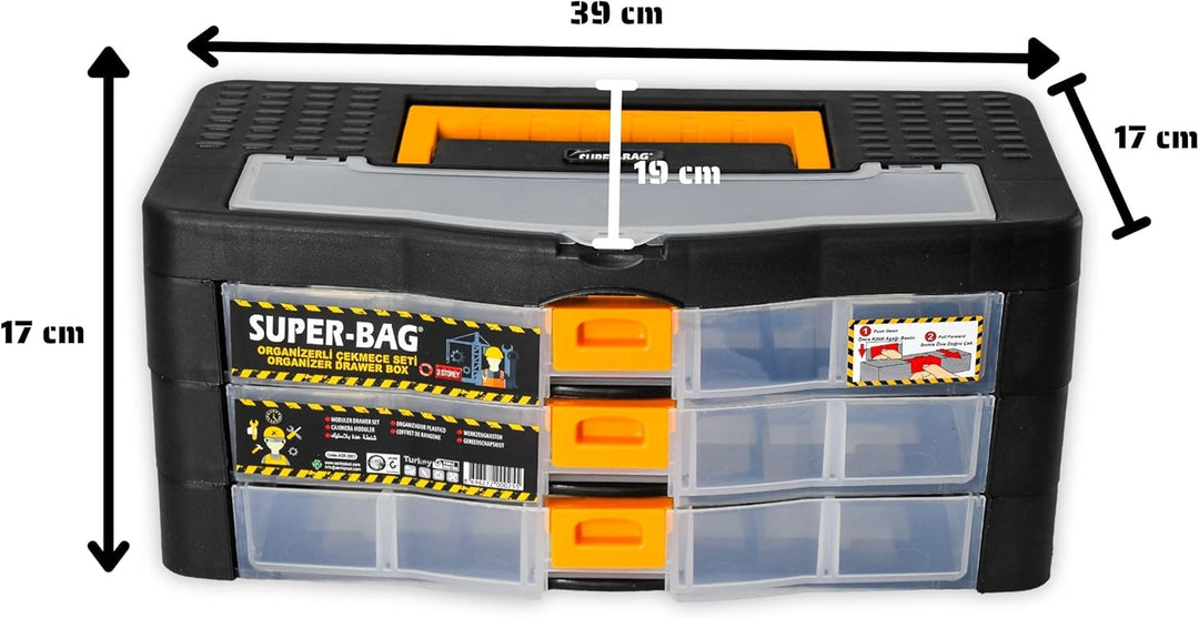 Werkzeugkoffer Kleinteile Organizer 3 Schubladen 390x190x170mm Sortierkasten 16 Innenfächer verstell