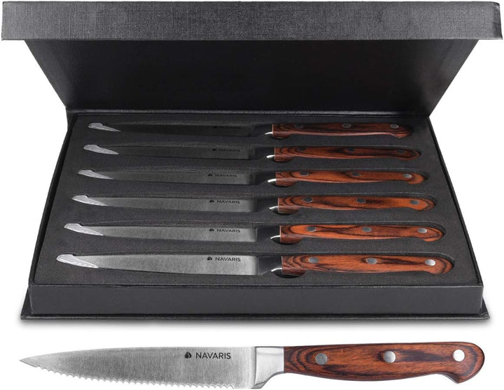 Navaris 6x Steakmesser Set mit Holzgriff - Besteck Messer 6-teilig - Besteckset aus Edelstahl und Ho