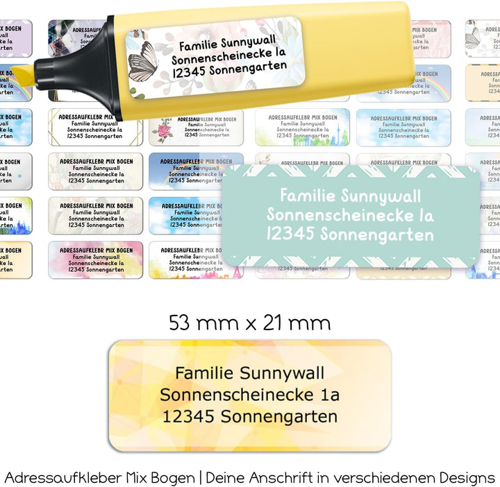 Sunnywall® Adressetiketten Adressaufkleber personalisiert - 110 Klebeetiketten Gemischte 53x21mm | A