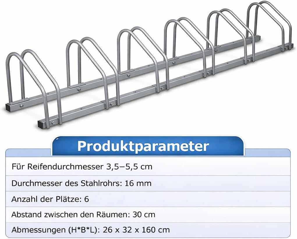 Fahrradständer für 6 Fahrräder – 16mm verzinkter Stahl, 30cm Abstand, für 35-55mm Reifen, Boden- &amp; W