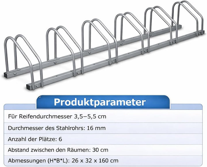 Fahrradständer für 6 Fahrräder – 16mm verzinkter Stahl, 30cm Abstand, für 35-55mm Reifen, Boden- &amp; W