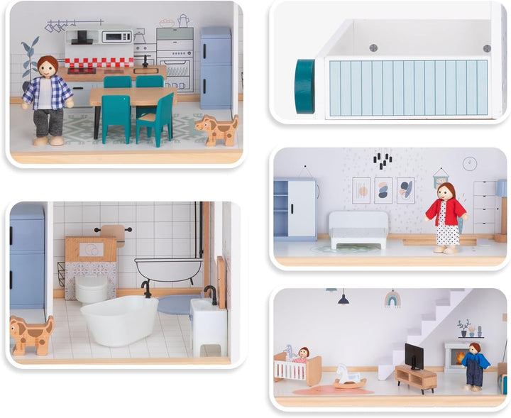 OOOK Puppenhaus Holz mit Hebbarer Aufzug, Puppenhaus Gross ab 3 Jahren Mädchen, Doll House for Girls