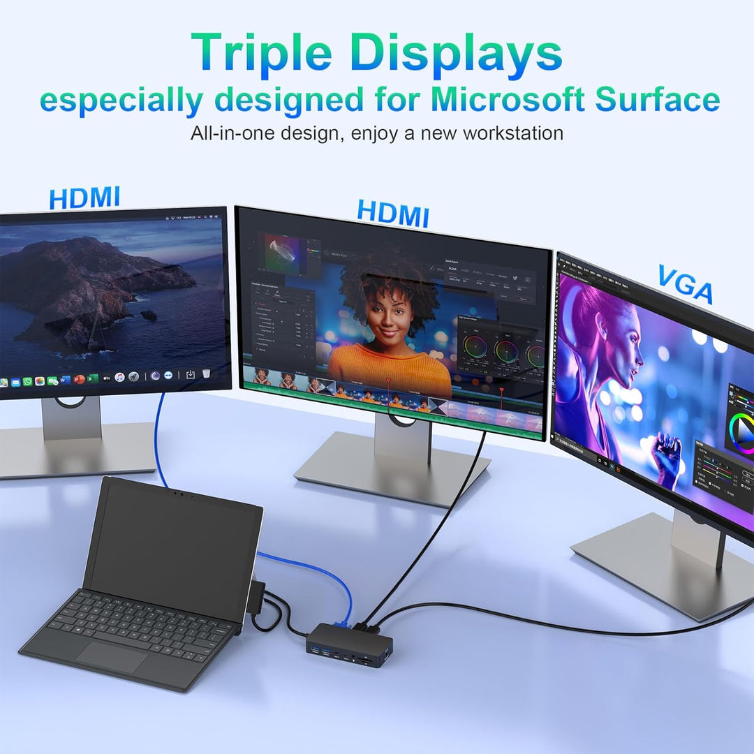 Neues Microsoft Surface Dock mit drei Displays, Dual HDMI+VGA mit Netzteil, 12-in-1-Surface-Dockings
