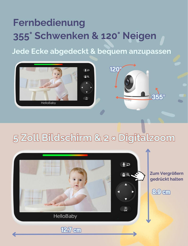 HelloBaby Babyphone mit Kamera und Nachtsicht, 5" (12,7 cm) Display mit 30-Stunden-Akku, Pan-Tilt-Zo
