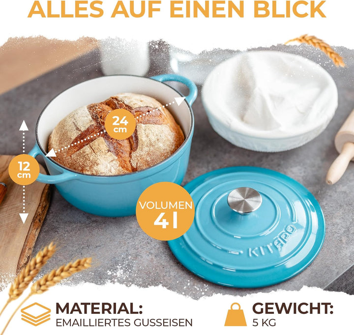 KITAPO Gusseisen Topf [inkl. Gärkorb + Teigtuch] - Hochwertiger Emaille Topf 24cm- Idealer gusseiser