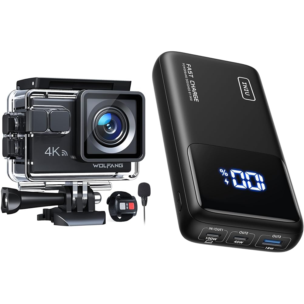 WOLFANG GA100 Action Cam 4K 20MP Unterwasserkamera &amp; INIU Power Bank, 100W 25000mAh Powerbank