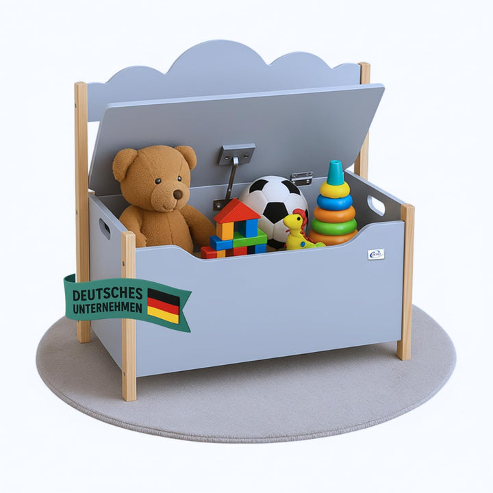 Spielzeugtruhe mit Sitzbank, Holztruhe Grau Trudi 60×26×55 cm – Kinderzimmer Bank mit Stauraum, Spie