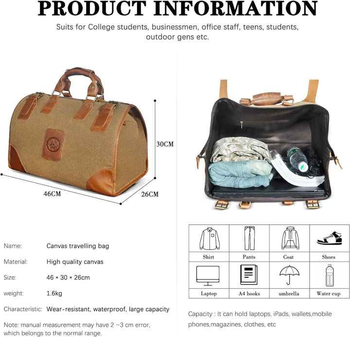 Wasserabweisend Canvas Crazy Horse Leder Reisetasche 35L Trim Unisex Handgepäck Weekender Tasche Spo