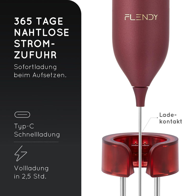 Flendy Wiederaufladbarer Elektrischer Milchaufschäumer-Stab mit Ladesockel | USB‑C‑Ladesockel, Doppe