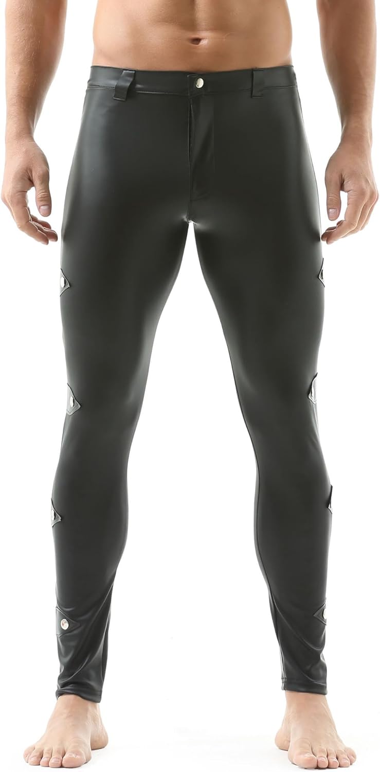 QiaTi Männer Faux Leder Hosen Leggings Reissverschluss Strumpfhose Lackiertes Leder Schwarze Hosen e