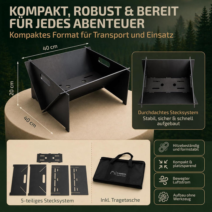 CAMBEL Feuerschale 4mm Stahl Camping Grill, tragbare Feuerstelle Outdoor, Stecksystem zerlegbar, kom