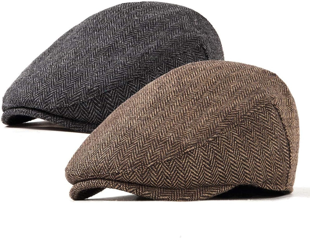 LADYBRO 2er-Pack verstellbare Newsboy Hüte für Herren Flache Kappe Irish Cabbie Gatsby Tweed Ivy 002