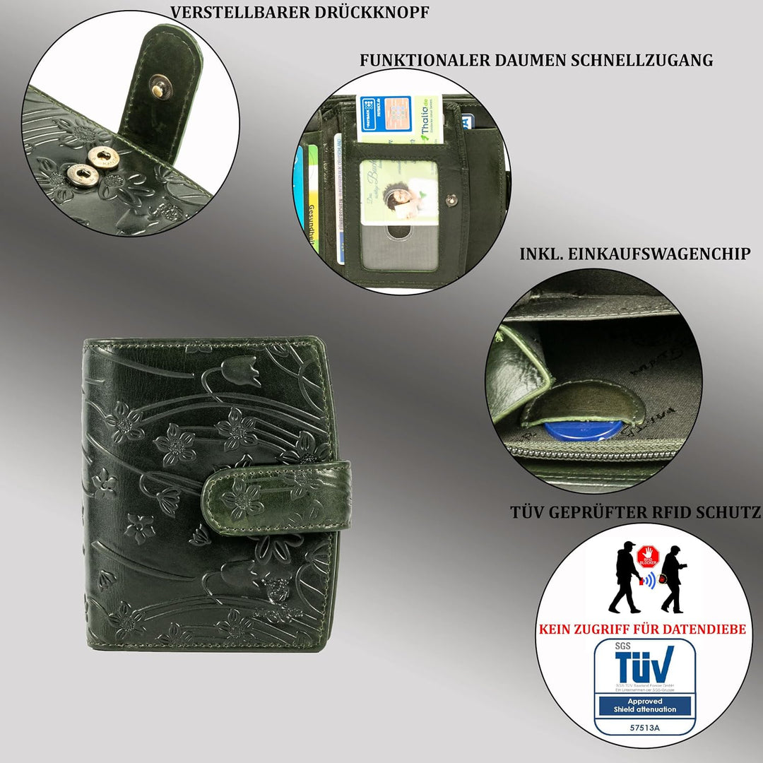 MATADOR Damen Geldbörse aus Echt Leder - TÜV Geprüfter RFID/NFC Schutz - Portemonnaie Blumenprägung