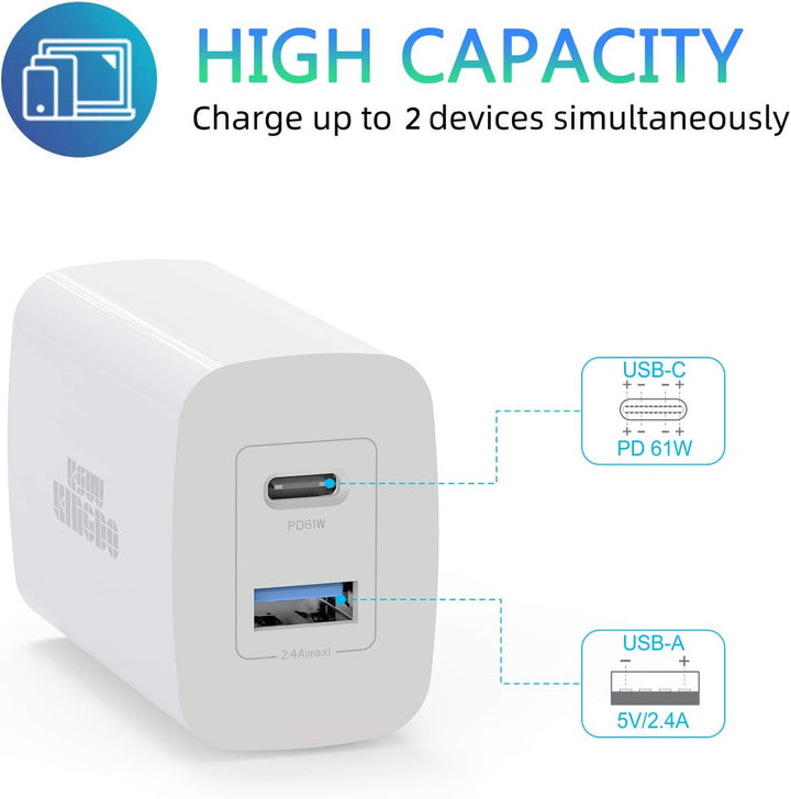 Kompaktes 61W GaN Tech USB-C-Wandladegerät, Doppel-Port mit USB-A und USB-C, USB-C Laptops, Mac Book