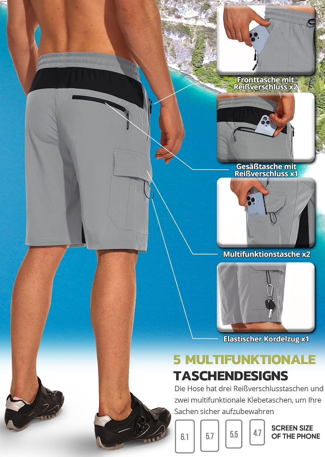 Hiauspor Wanderhose Herren Kurz MTB Hose Leichte Schnelltrocknend Cargo Bermuda Chino mit 5 Taschen